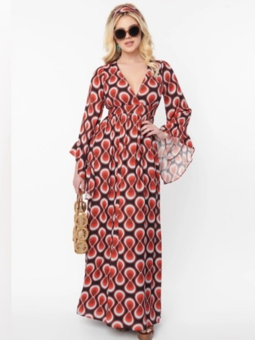Unique Vintage Red Abstract 70s Disco Womens Maxi Dress Ruffle Sleeve, Scarf, 3X